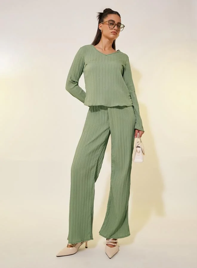 Take Two Textured V Neck Long Sleeve Top and Pants Co-Ords